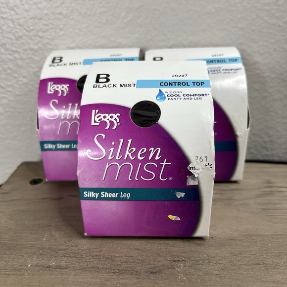 3-Pr L'eggs Silken Mist Pantyhose Black Mist 20207 Control Top‎ Silky Sheer Sz B - Picture 1 of 4